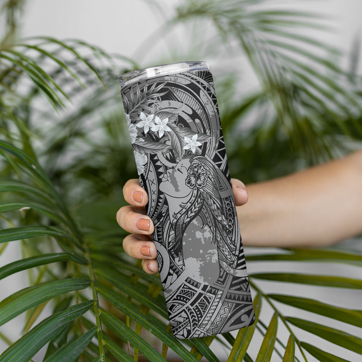 Pacific Beauty Girl Skinny Tumbler Black Polyneisan Tribal Vintage Motif LT9 - Polynesian Pride