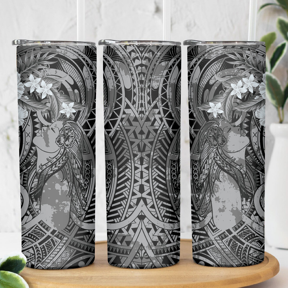Pacific Beauty Girl Skinny Tumbler Black Polyneisan Tribal Vintage Motif LT9 - Polynesian Pride