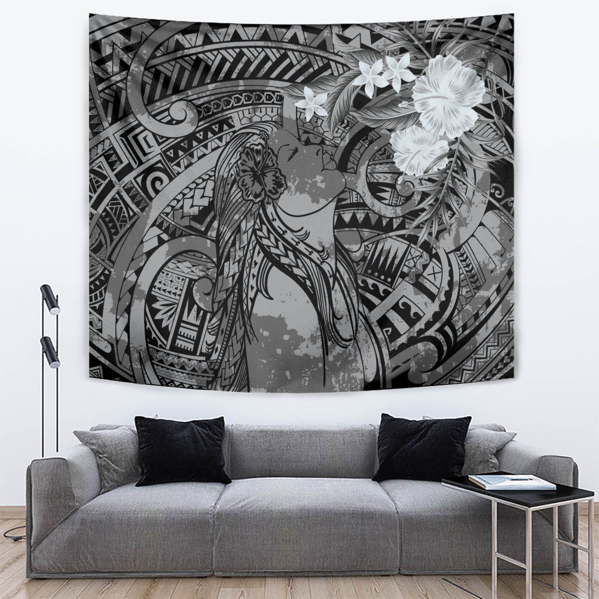 Pacific Beauty Girl Tapestry Black Polyneisan Tribal Vintage Motif LT9 Black - Polynesian Pride