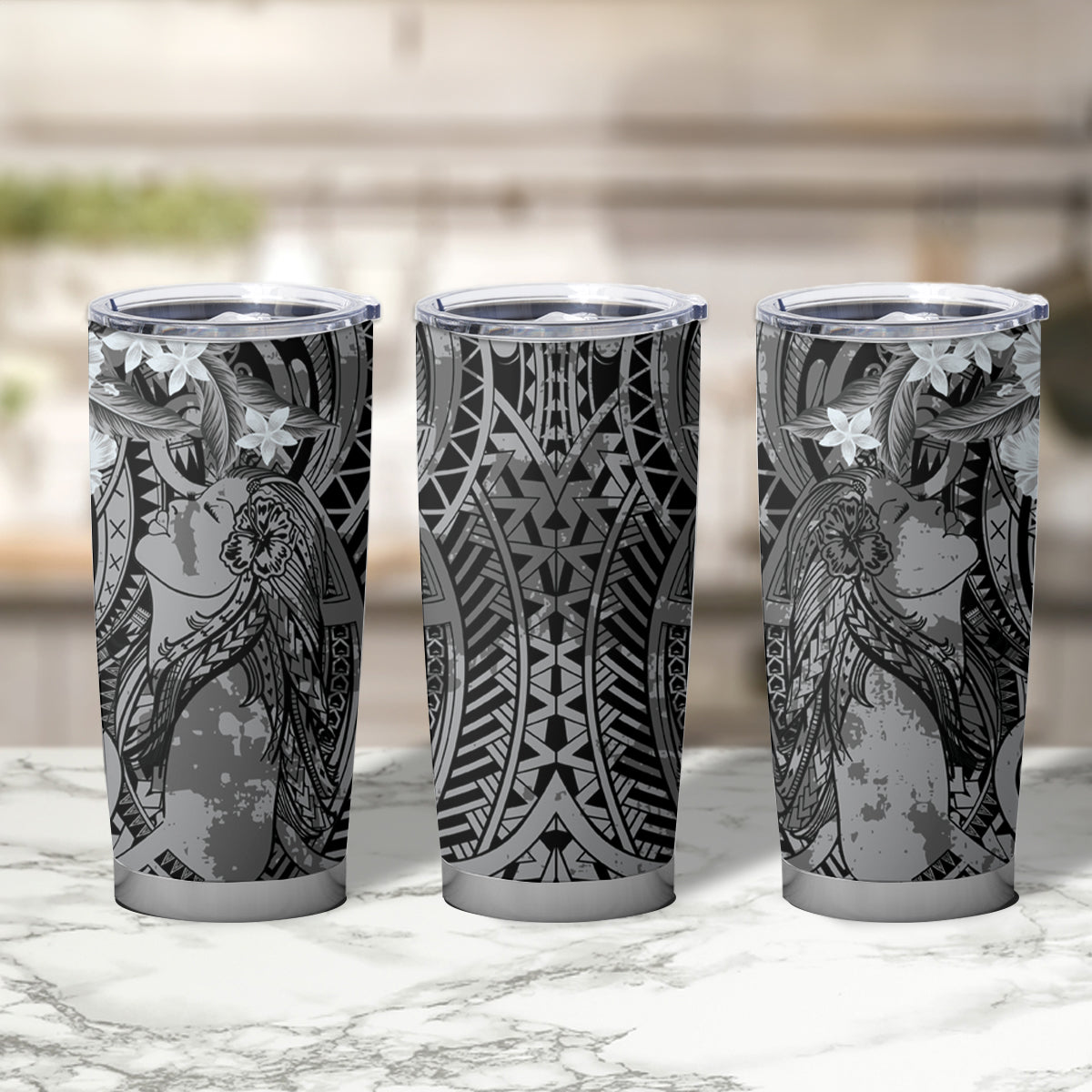 Pacific Beauty Girl Tumbler Cup Black Polyneisan Tribal Vintage Motif LT9 - Polynesian Pride