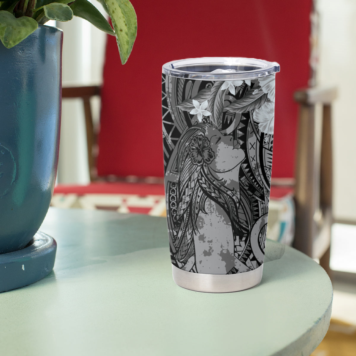 Pacific Beauty Girl Tumbler Cup Black Polyneisan Tribal Vintage Motif LT9 - Polynesian Pride
