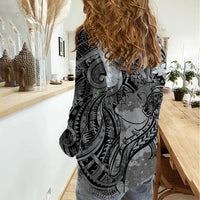Pacific Beauty Girl Women Casual Shirt Black Polyneisan Tribal Vintage Motif LT9 - Polynesian Pride