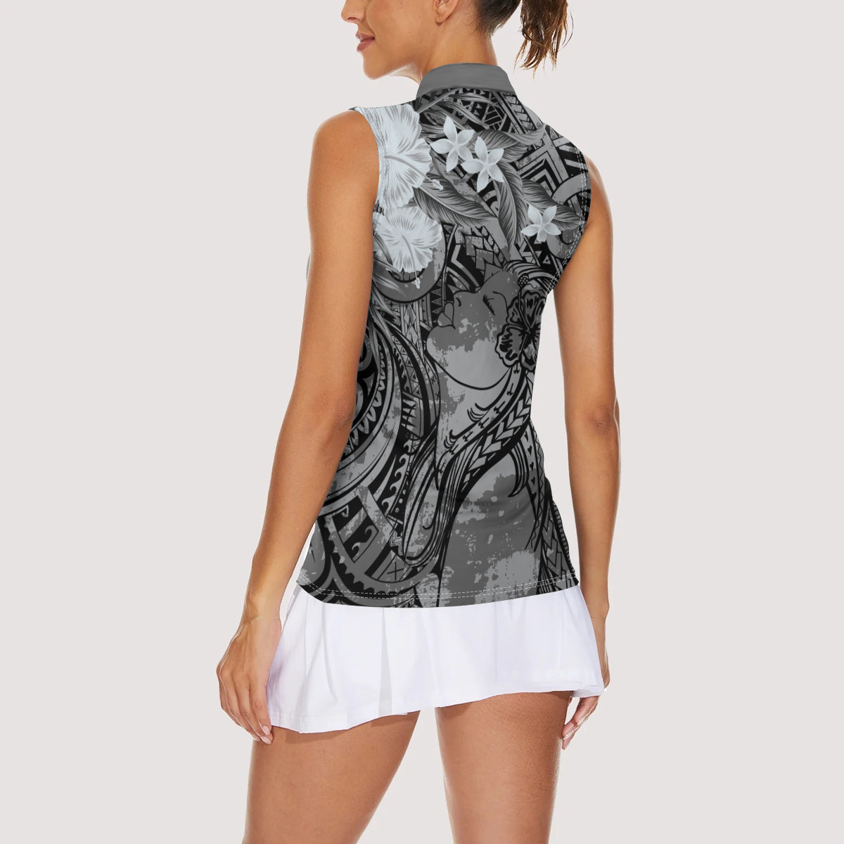 Pacific Beauty Girl Women Sleeveless Polo Shirt Black Polyneisan Tribal Vintage Motif LT9 - Polynesian Pride