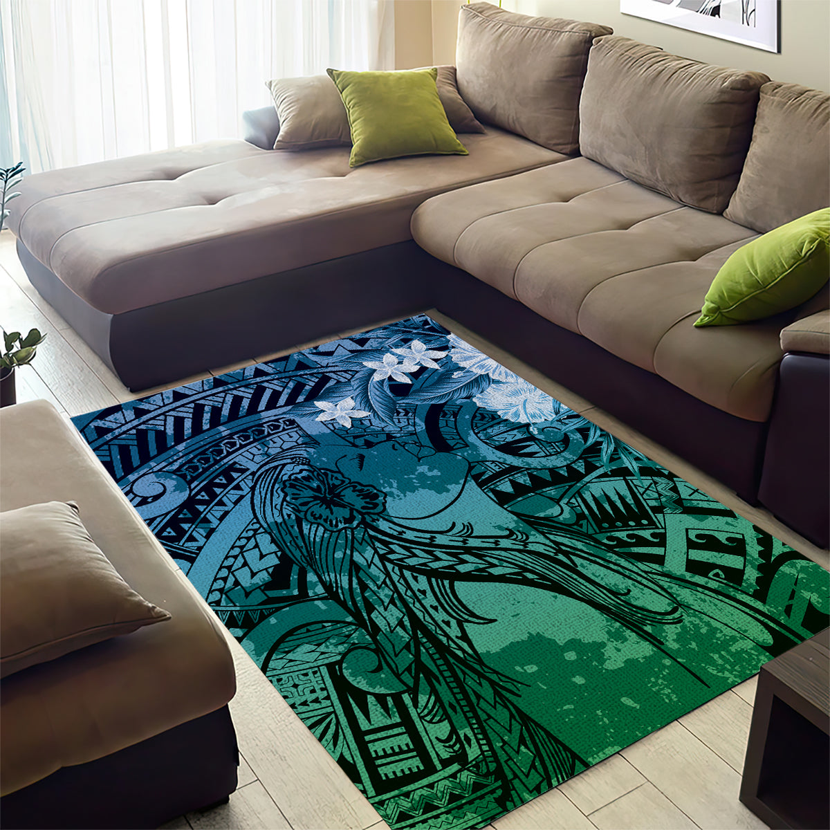 Pacific Beauty Girl Area Rug Blue Polyneisan Tribal Vintage Motif