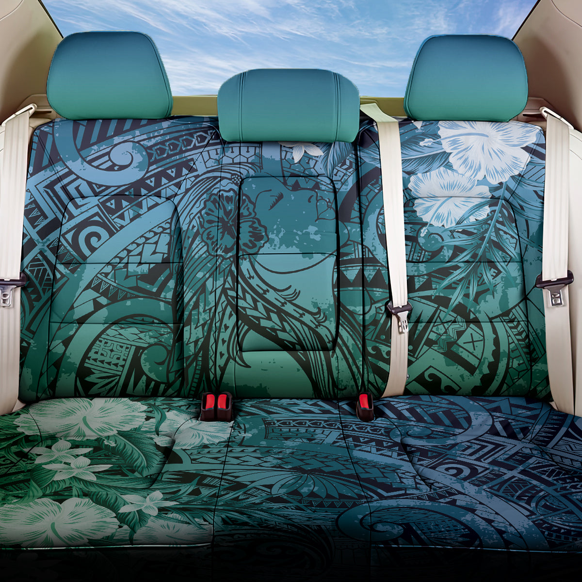 Pacific Beauty Girl Back Car Seat Cover Blue Polyneisan Tribal Vintage Motif LT9 One Size Blue - Polynesian Pride