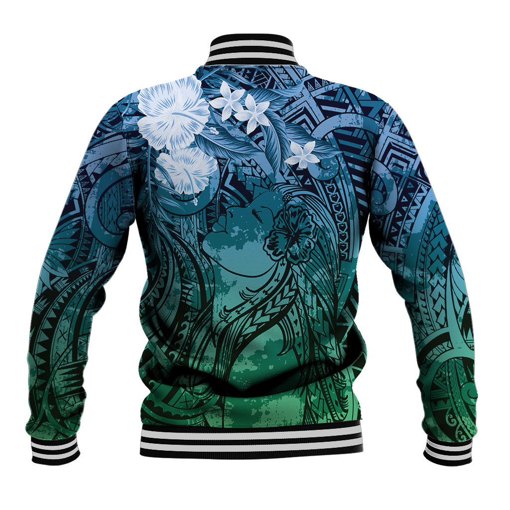Pacific Beauty Girl Baseball Jacket Blue Polyneisan Tribal Vintage Motif