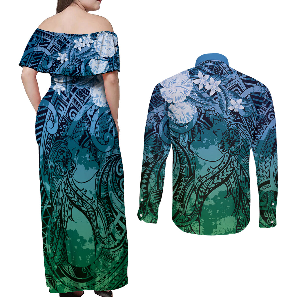 Pacific Beauty Girl Couples Matching Off Shoulder Maxi Dress and Long Sleeve Button Shirt Blue Polyneisan Tribal Vintage Motif LT9 - Polynesian Pride