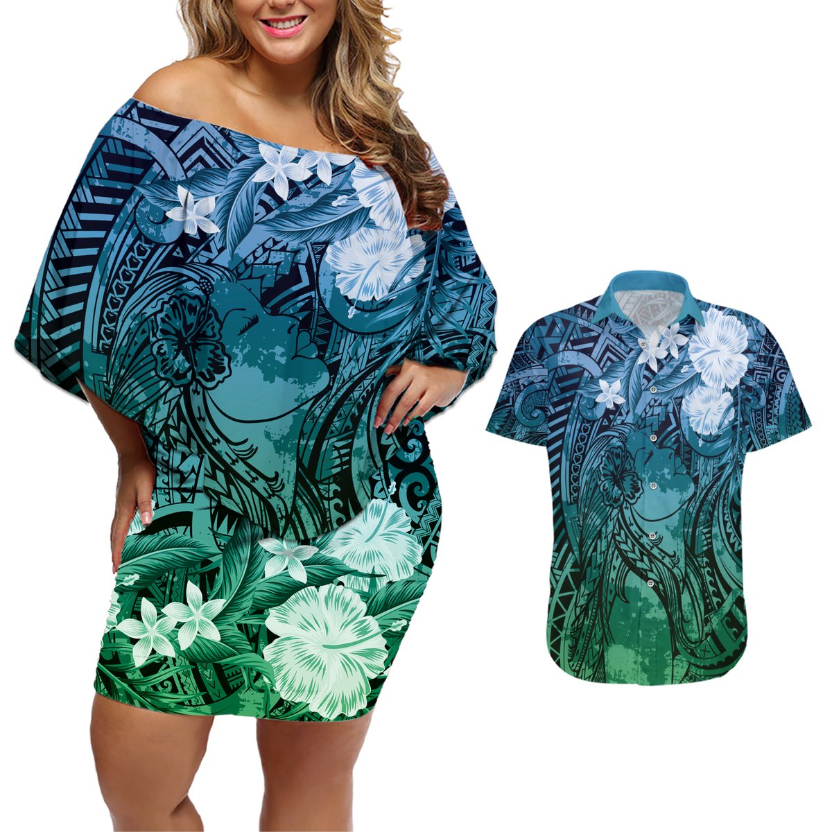 Pacific Beauty Girl Couples Matching Off Shoulder Short Dress and Hawaiian Shirt Blue Polyneisan Tribal Vintage Motif LT9 Blue - Polynesian Pride
