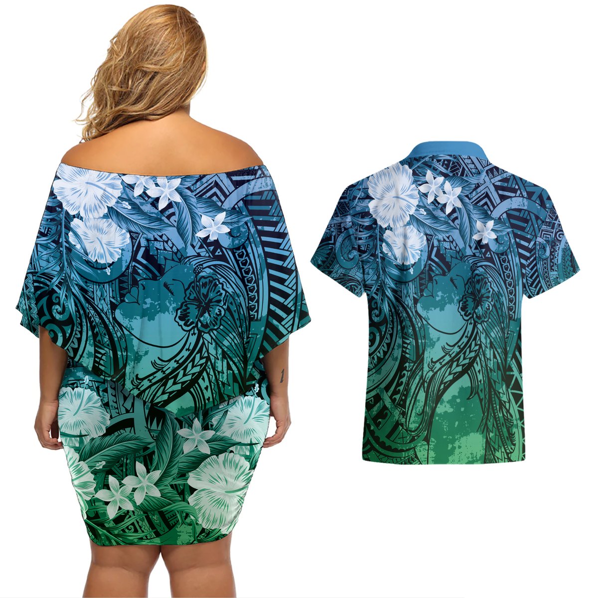 Pacific Beauty Girl Couples Matching Off Shoulder Short Dress and Hawaiian Shirt Blue Polyneisan Tribal Vintage Motif LT9 - Polynesian Pride