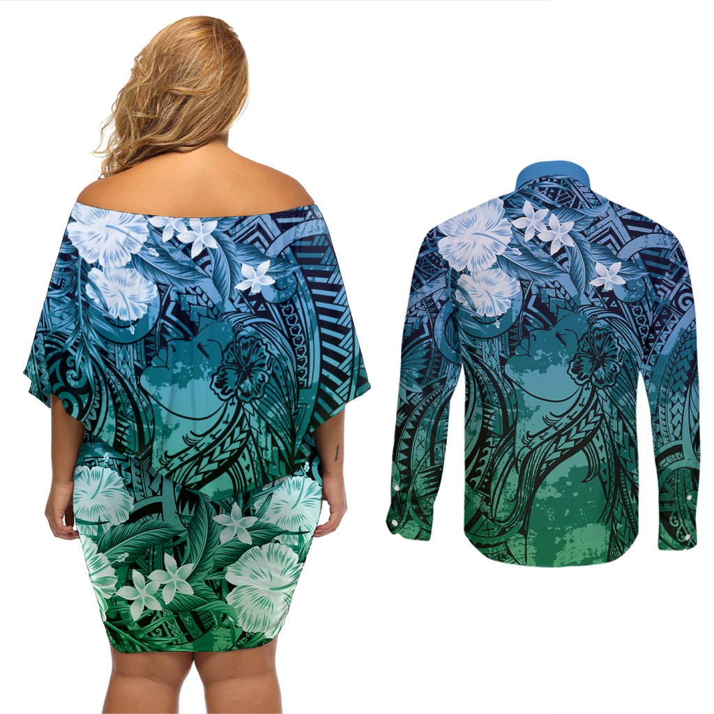 Pacific Beauty Girl Couples Matching Off Shoulder Short Dress and Long Sleeve Button Shirt Blue Polyneisan Tribal Vintage Motif LT9 - Polynesian Pride
