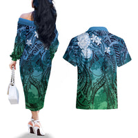 Pacific Beauty Girl Couples Matching Off The Shoulder Long Sleeve Dress and Hawaiian Shirt Blue Polyneisan Tribal Vintage Motif LT9 - Polynesian Pride