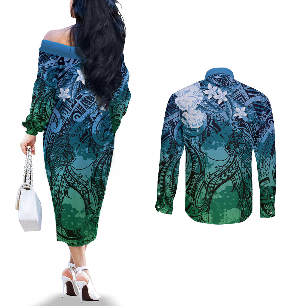 Pacific Beauty Girl Couples Matching Off The Shoulder Long Sleeve Dress and Long Sleeve Button Shirt Blue Polyneisan Tribal Vintage Motif LT9 - Polynesian Pride