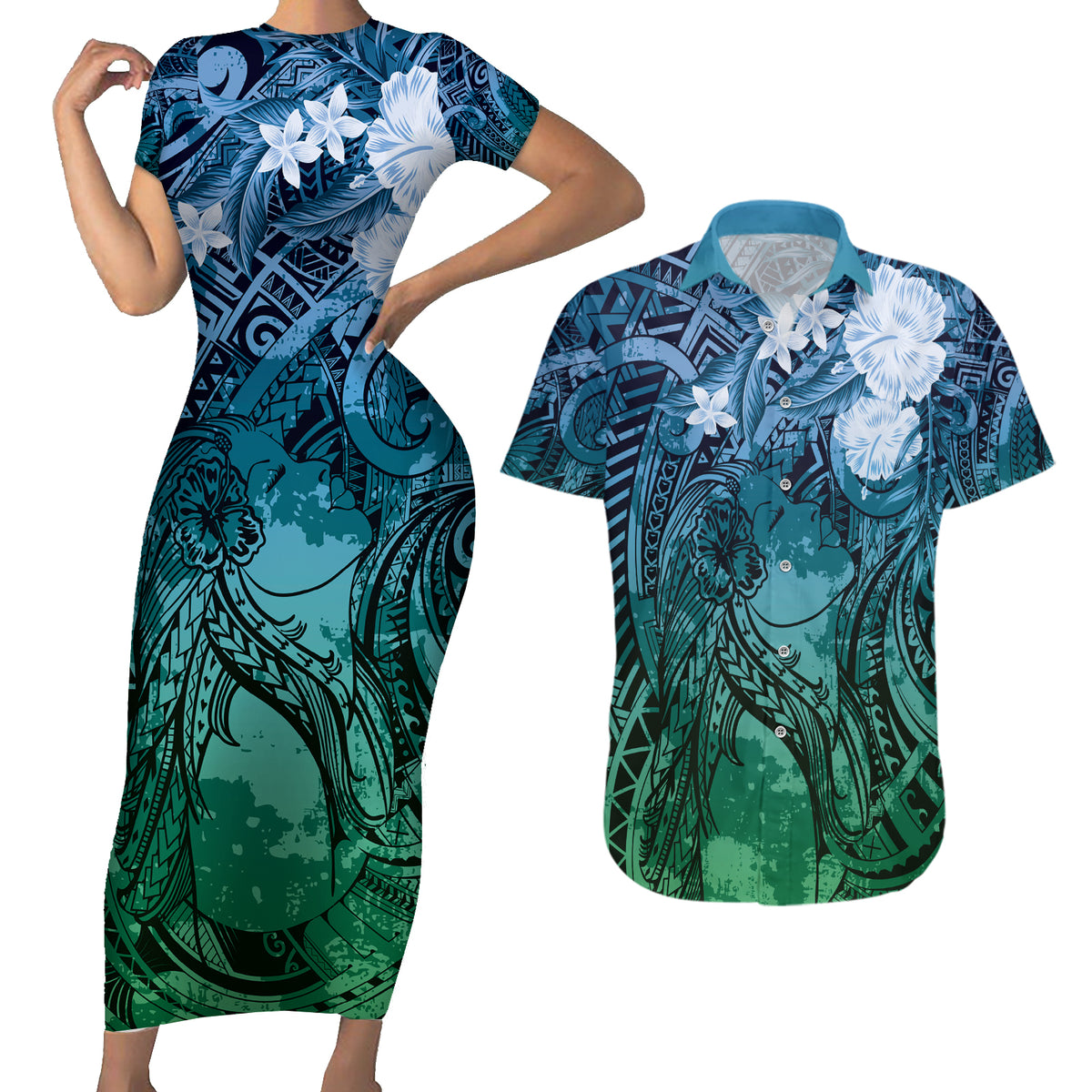 Pacific Beauty Girl Couples Matching Short Sleeve Bodycon Dress and Hawaiian Shirt Blue Polyneisan Tribal Vintage Motif LT9 Blue - Polynesian Pride