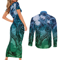Pacific Beauty Girl Couples Matching Short Sleeve Bodycon Dress and Long Sleeve Button Shirt Blue Polyneisan Tribal Vintage Motif LT9 - Polynesian Pride