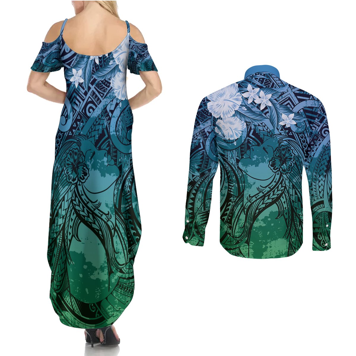 Pacific Beauty Girl Couples Matching Summer Maxi Dress and Long Sleeve Button Shirt Blue Polyneisan Tribal Vintage Motif LT9 - Polynesian Pride
