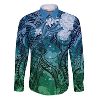 Pacific Beauty Girl Family Matching Long Sleeve Bodycon Dress and Hawaiian Shirt Blue Polyneisan Tribal Vintage Motif LT9 Dad's Shirt - Long Sleeve Blue - Polynesian Pride