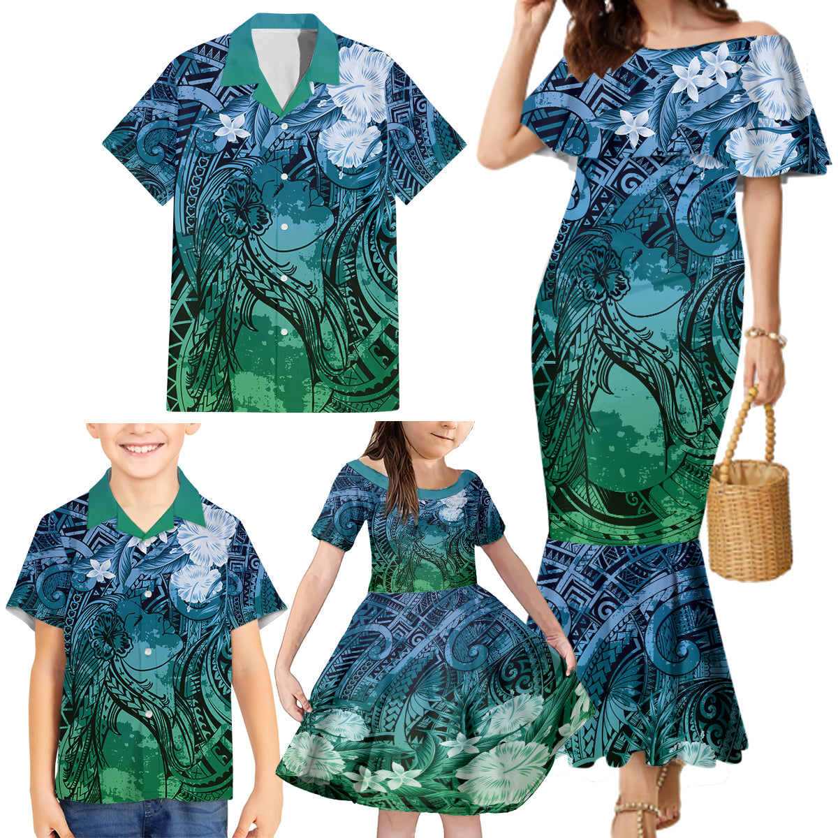 Pacific Beauty Girl Family Matching Mermaid Dress and Hawaiian Shirt Blue Polyneisan Tribal Vintage Motif LT9 - Polynesian Pride