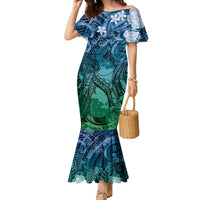 Pacific Beauty Girl Family Matching Mermaid Dress and Hawaiian Shirt Blue Polyneisan Tribal Vintage Motif LT9 Mom's Dress Blue - Polynesian Pride