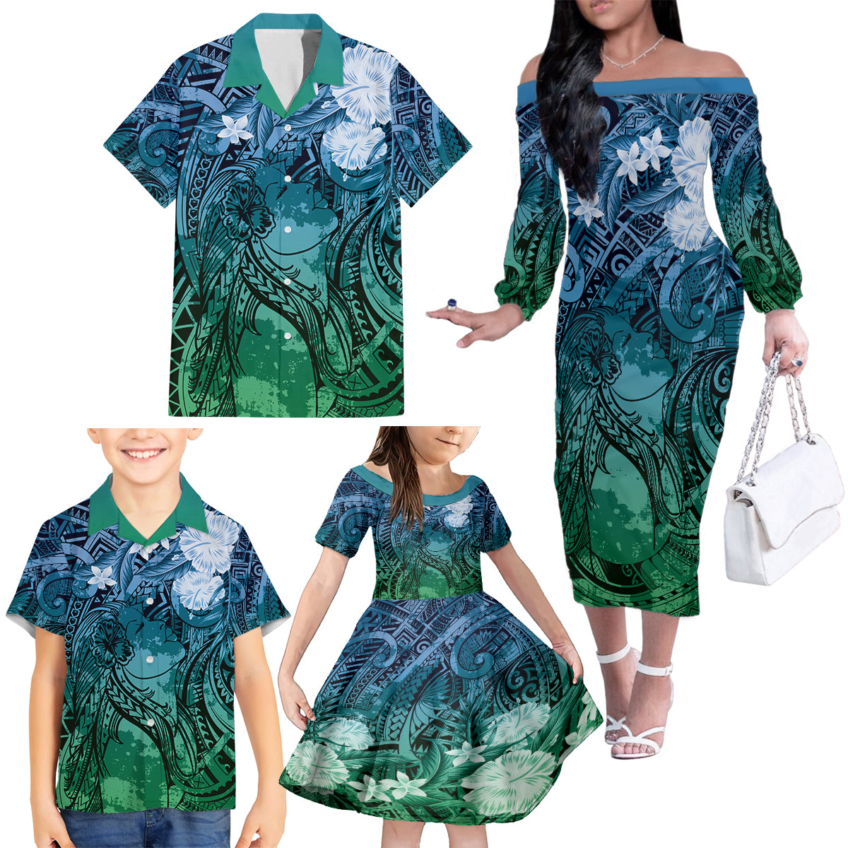 Pacific Beauty Girl Family Matching Off The Shoulder Long Sleeve Dress and Hawaiian Shirt Blue Polyneisan Tribal Vintage Motif LT9 - Polynesian Pride