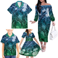 Pacific Beauty Girl Family Matching Off The Shoulder Long Sleeve Dress and Hawaiian Shirt Blue Polyneisan Tribal Vintage Motif LT9 - Polynesian Pride