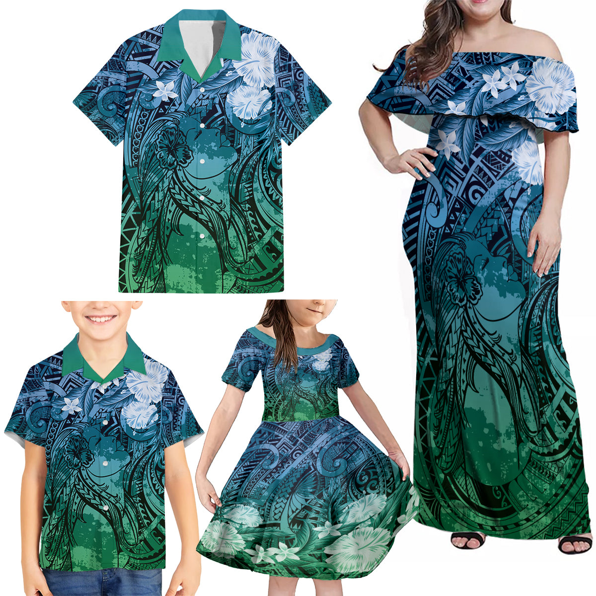 Pacific Beauty Girl Family Matching Off Shoulder Maxi Dress and Hawaiian Shirt Blue Polyneisan Tribal Vintage Motif LT9 - Polynesian Pride
