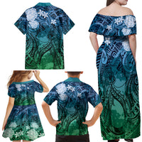 Pacific Beauty Girl Family Matching Off Shoulder Maxi Dress and Hawaiian Shirt Blue Polyneisan Tribal Vintage Motif LT9 - Polynesian Pride