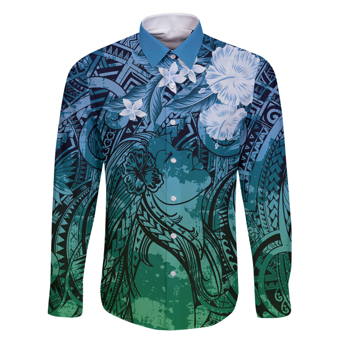 Pacific Beauty Girl Family Matching Off Shoulder Maxi Dress and Hawaiian Shirt Blue Polyneisan Tribal Vintage Motif LT9 Dad's Shirt - Long Sleeve Blue - Polynesian Pride