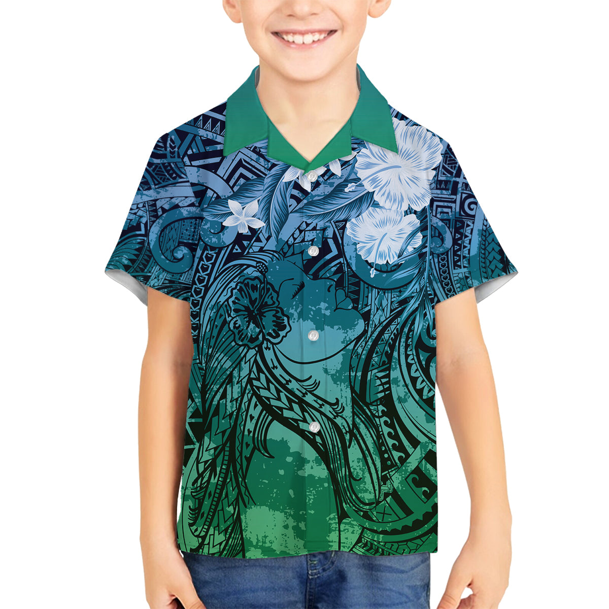 Pacific Beauty Girl Family Matching Off Shoulder Maxi Dress and Hawaiian Shirt Blue Polyneisan Tribal Vintage Motif LT9 Son's Shirt Blue - Polynesian Pride