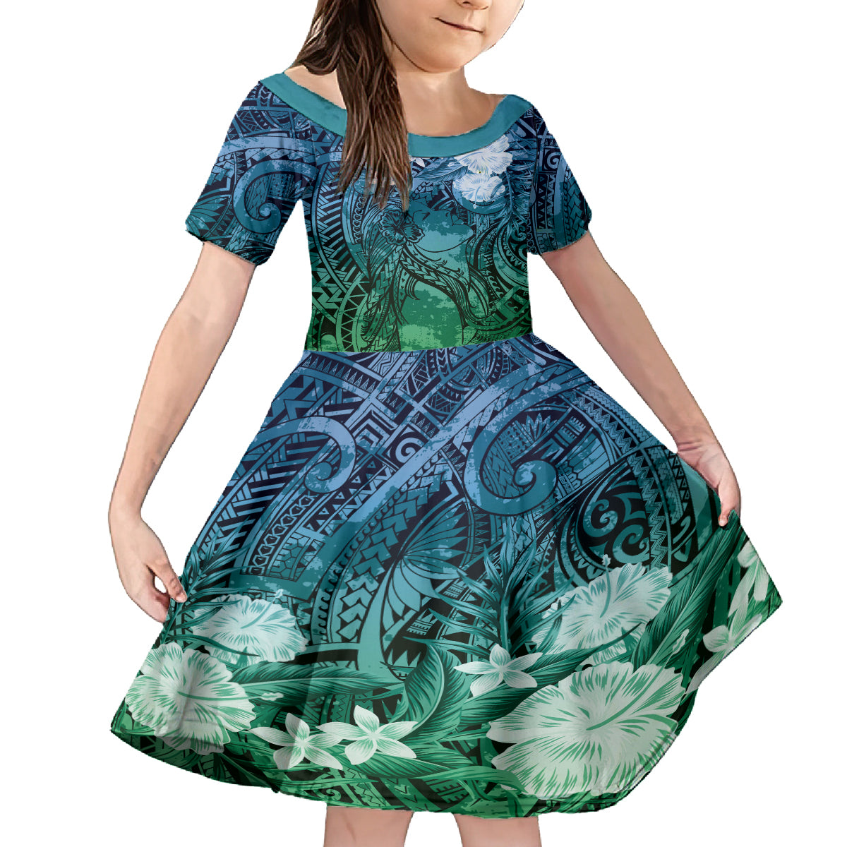 Pacific Beauty Girl Family Matching Off Shoulder Short Dress and Hawaiian Shirt Blue Polyneisan Tribal Vintage Motif LT9 Daughter's Dress Blue - Polynesian Pride