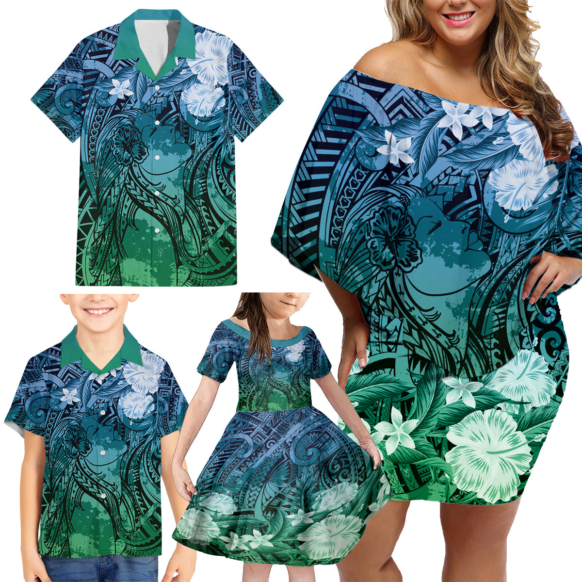 Pacific Beauty Girl Family Matching Off Shoulder Short Dress and Hawaiian Shirt Blue Polyneisan Tribal Vintage Motif LT9 - Polynesian Pride