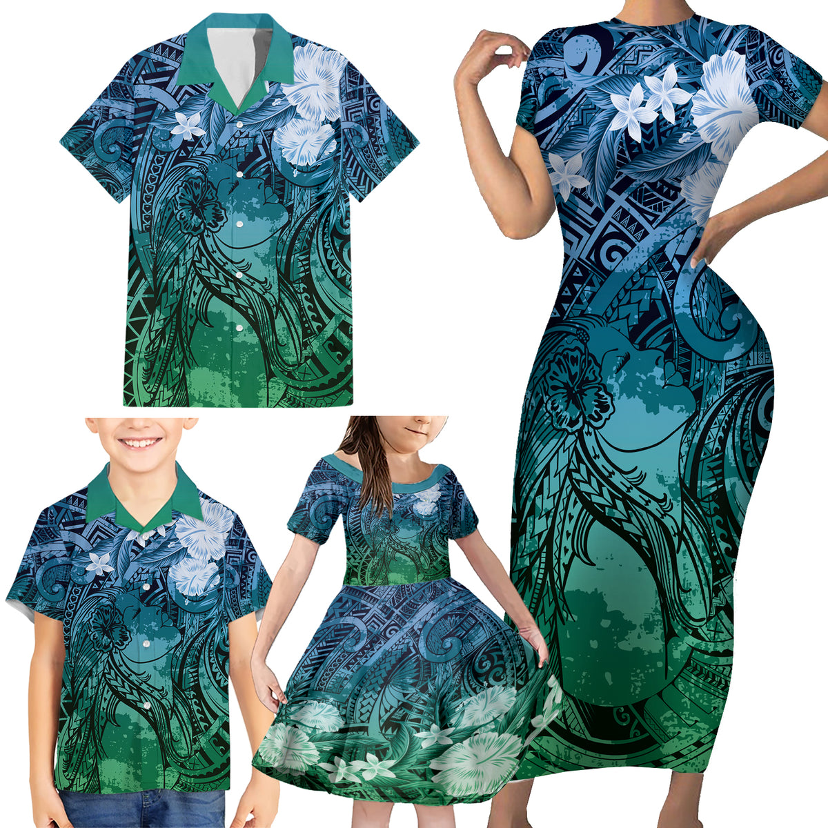 Pacific Beauty Girl Family Matching Short Sleeve Bodycon Dress and Hawaiian Shirt Blue Polyneisan Tribal Vintage Motif LT9 - Polynesian Pride