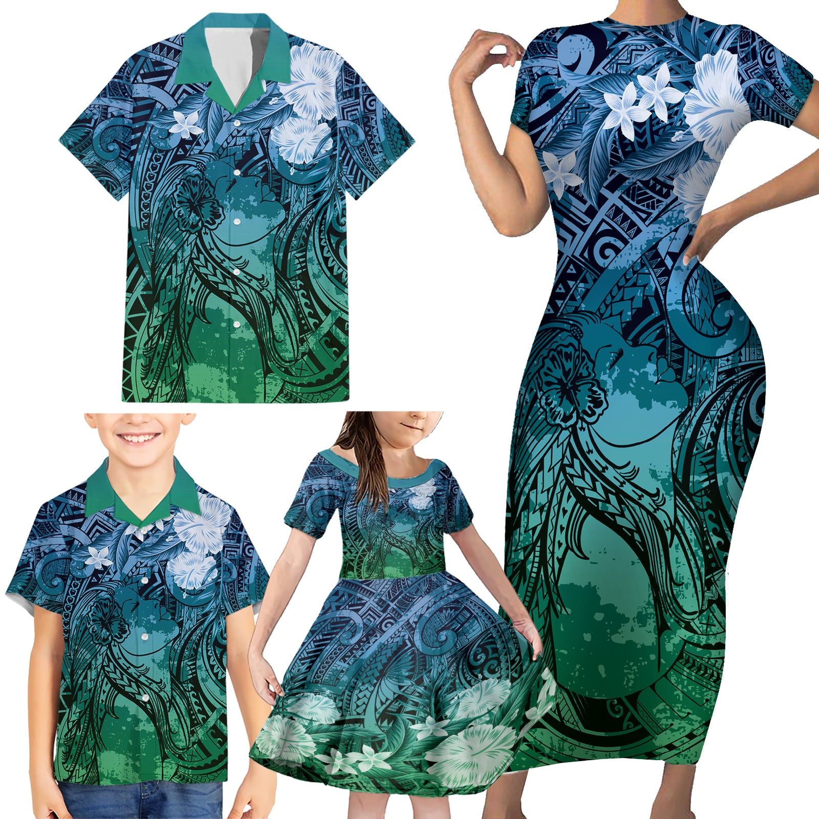 Pacific Beauty Girl Family Matching Short Sleeve Bodycon Dress and Hawaiian Shirt Blue Polyneisan Tribal Vintage Motif LT9 - Polynesian Pride