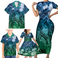 Pacific Beauty Girl Family Matching Short Sleeve Bodycon Dress and Hawaiian Shirt Blue Polyneisan Tribal Vintage Motif LT9 - Polynesian Pride