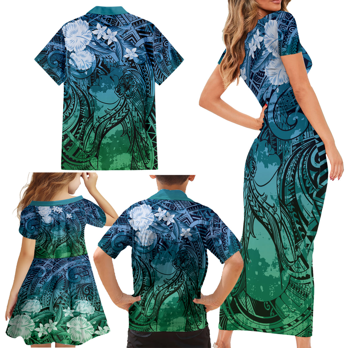 Pacific Beauty Girl Family Matching Short Sleeve Bodycon Dress and Hawaiian Shirt Blue Polyneisan Tribal Vintage Motif LT9 - Polynesian Pride