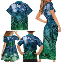 Pacific Beauty Girl Family Matching Short Sleeve Bodycon Dress and Hawaiian Shirt Blue Polyneisan Tribal Vintage Motif LT9 - Polynesian Pride