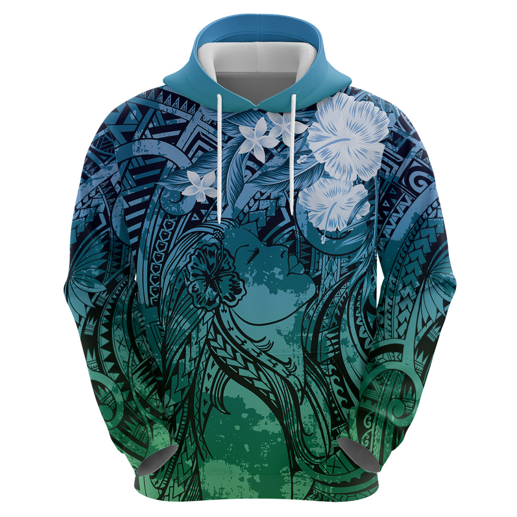 Pacific Beauty Girl Hoodie Blue Polyneisan Tribal Vintage Motif LT9 - Polynesian Pride
