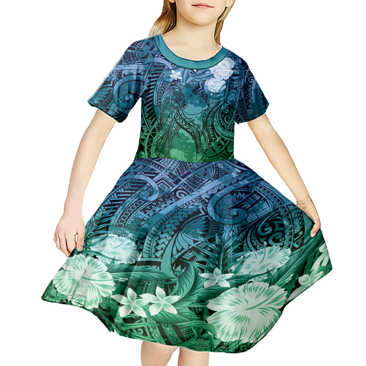 Pacific Beauty Girl Kid Short Sleeve Dress Blue Polyneisan Tribal Vintage Motif LT9 - Polynesian Pride