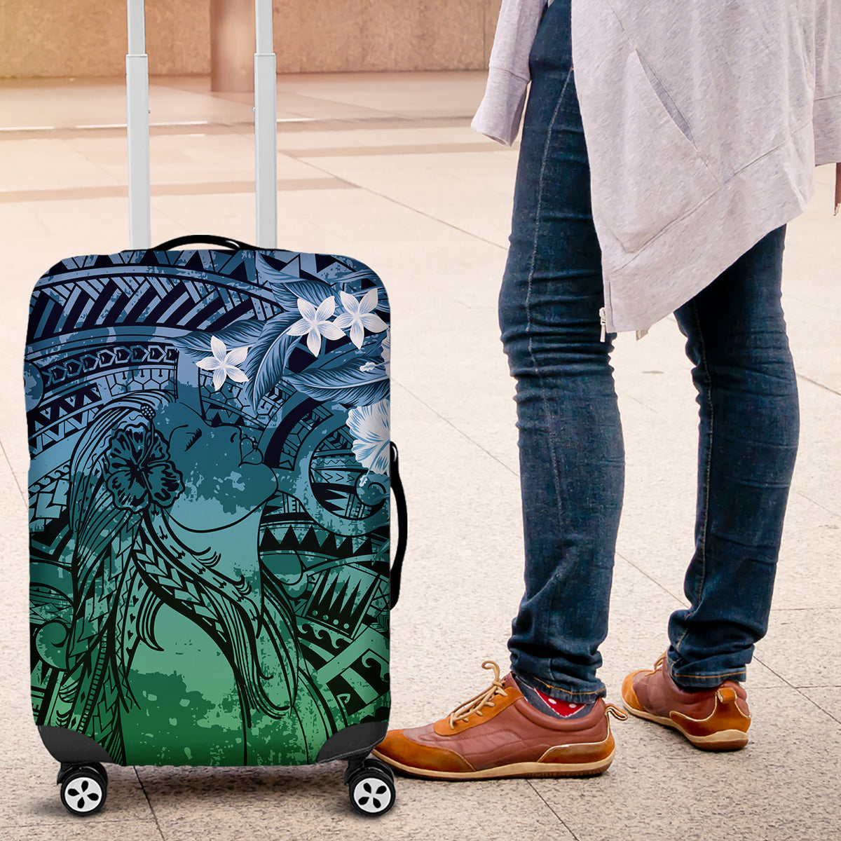 Pacific Beauty Girl Luggage Cover Blue Polyneisan Tribal Vintage Motif LT9 Blue - Polynesian Pride