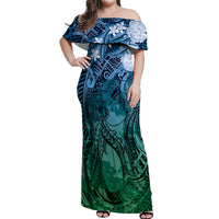 Pacific Beauty Girl Off Shoulder Maxi Dress Blue Polyneisan Tribal Vintage Motif LT9 Women Blue - Polynesian Pride