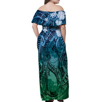 Pacific Beauty Girl Off Shoulder Maxi Dress Blue Polyneisan Tribal Vintage Motif LT9 - Polynesian Pride