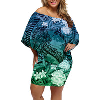 Pacific Beauty Girl Off Shoulder Short Dress Blue Polyneisan Tribal Vintage Motif LT9 Women Blue - Polynesian Pride