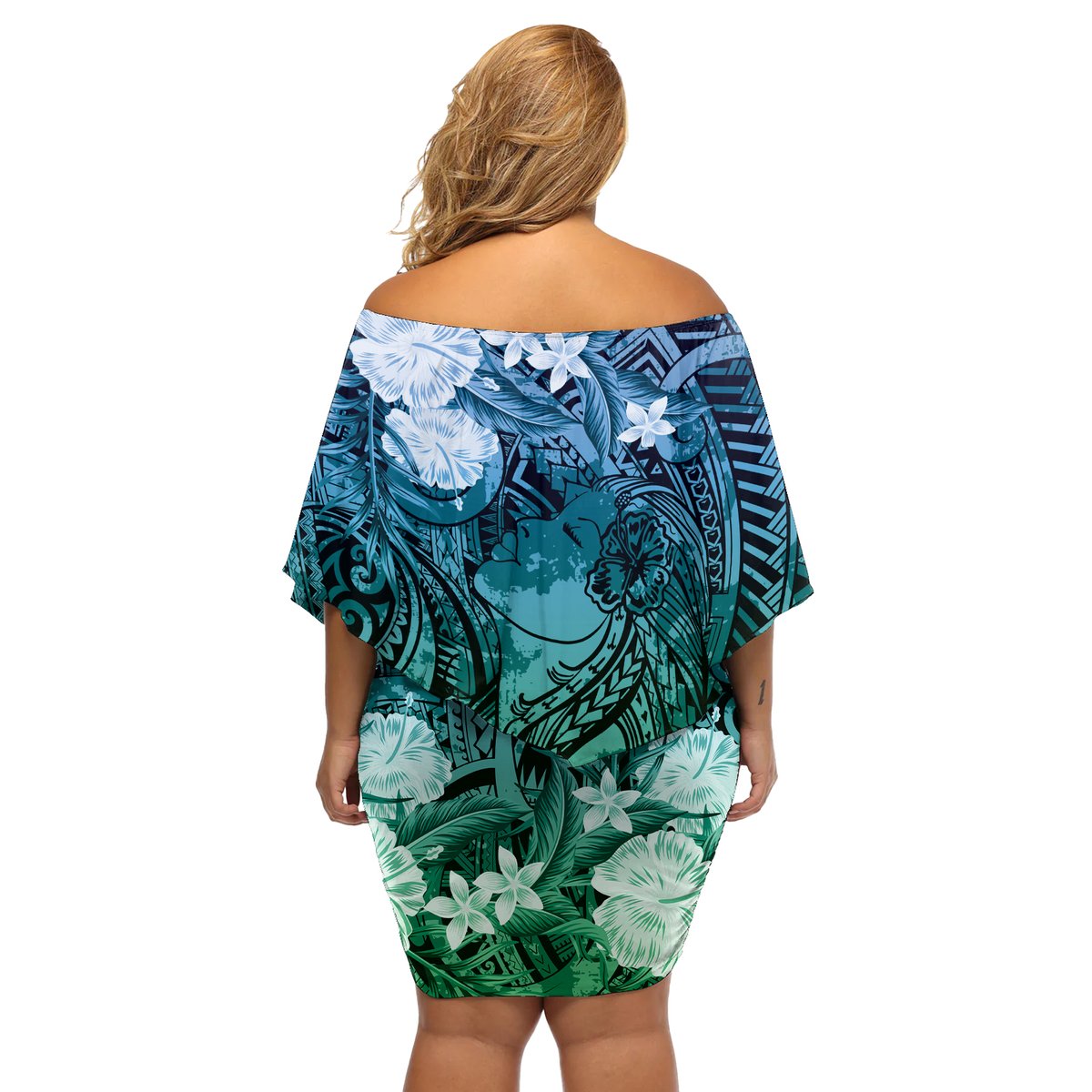 Pacific Beauty Girl Off Shoulder Short Dress Blue Polyneisan Tribal Vintage Motif LT9 - Polynesian Pride
