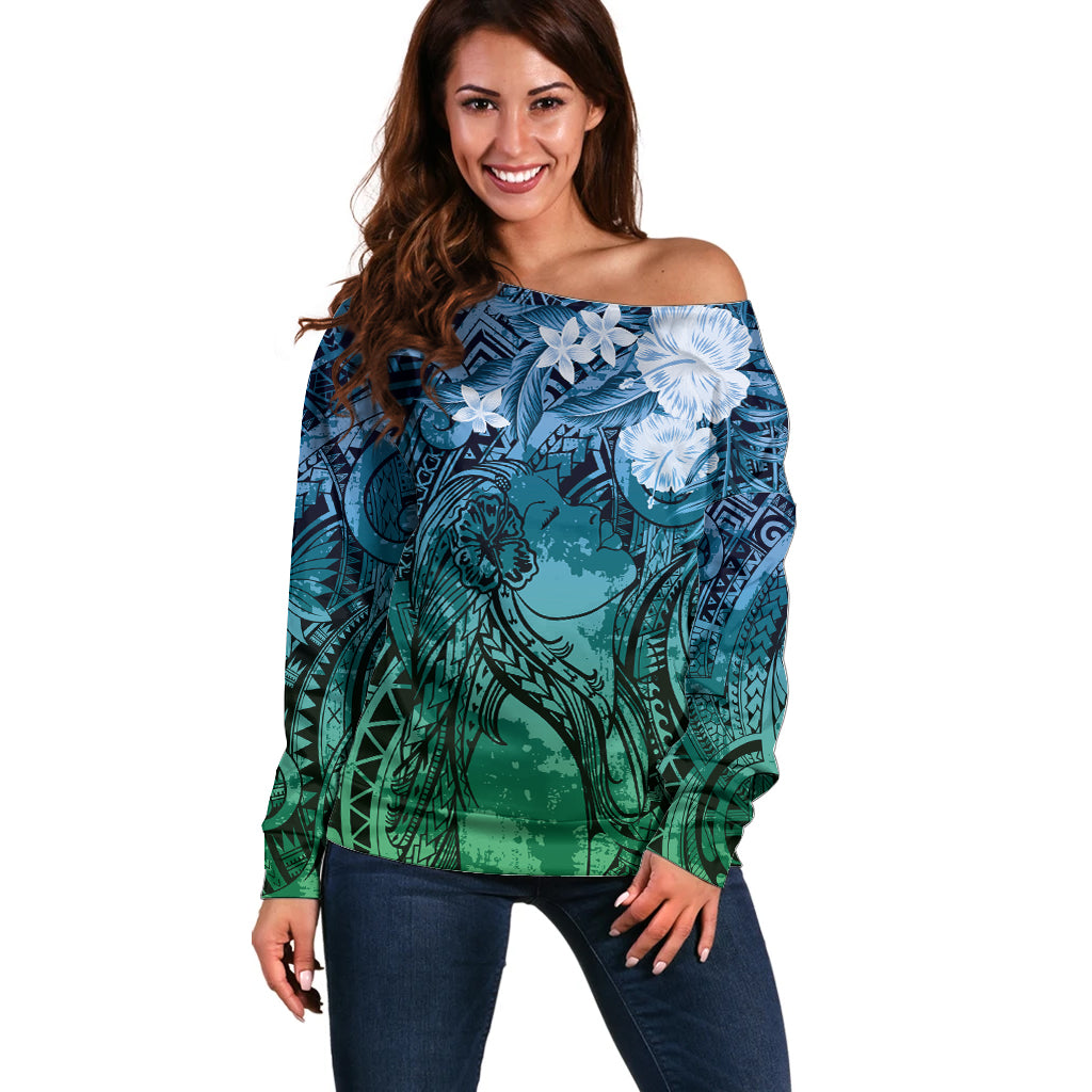 Pacific Beauty Girl Off Shoulder Sweater Blue Polyneisan Tribal Vintage Motif LT9 Women Blue - Polynesian Pride