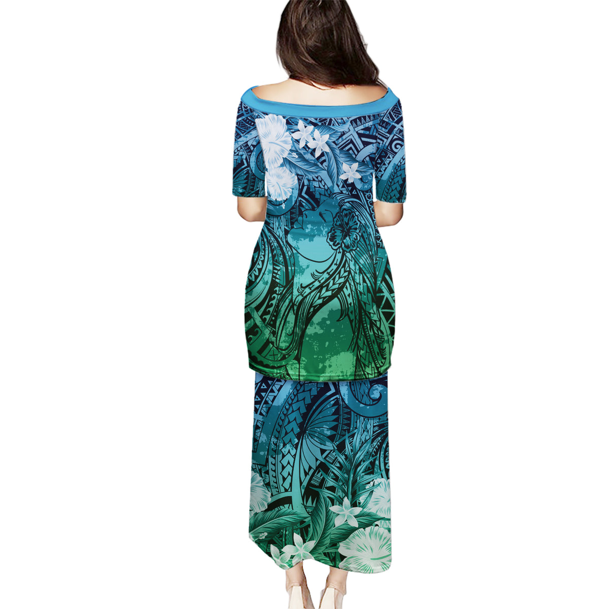 Pacific Beauty Girl Puletasi Blue Polyneisan Tribal Vintage Motif
