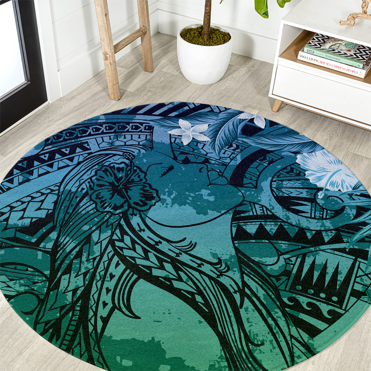 Pacific Beauty Girl Round Carpet Blue Polyneisan Tribal Vintage Motif LT9 Blue - Polynesian Pride