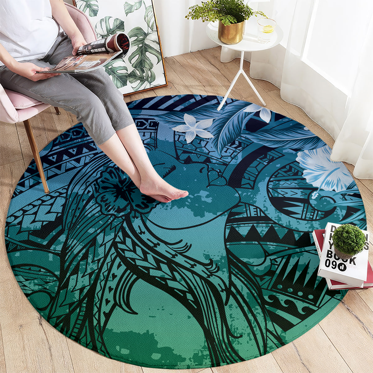 Pacific Beauty Girl Round Carpet Blue Polyneisan Tribal Vintage Motif LT9 - Polynesian Pride