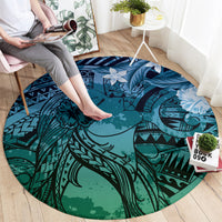 Pacific Beauty Girl Round Carpet Blue Polyneisan Tribal Vintage Motif LT9 - Polynesian Pride