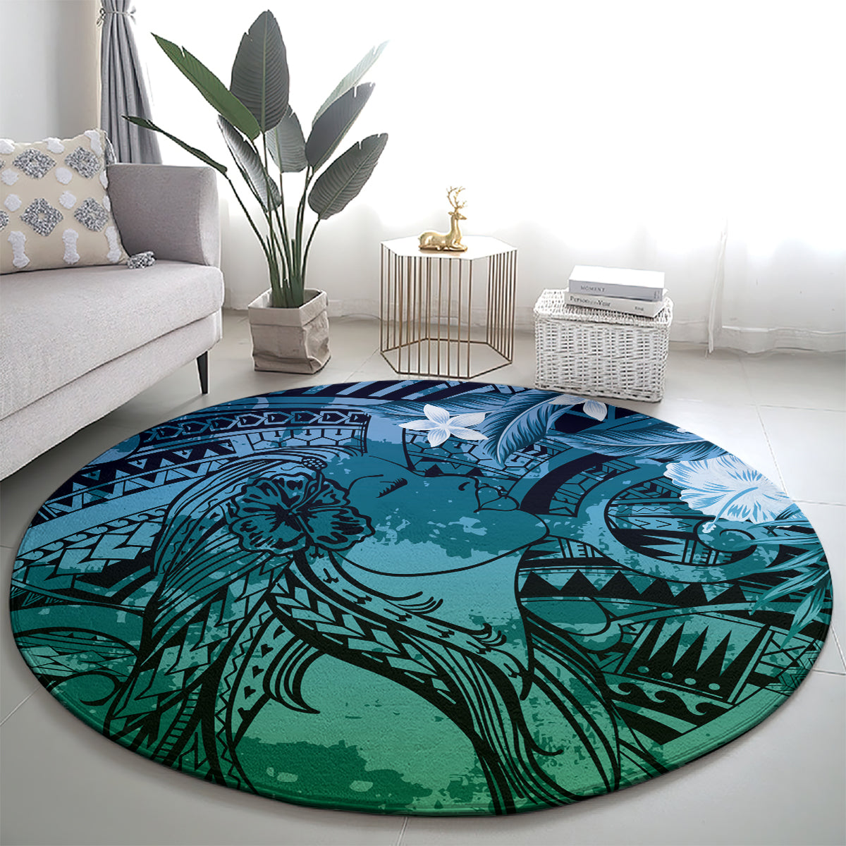 Pacific Beauty Girl Round Carpet Blue Polyneisan Tribal Vintage Motif LT9 - Polynesian Pride
