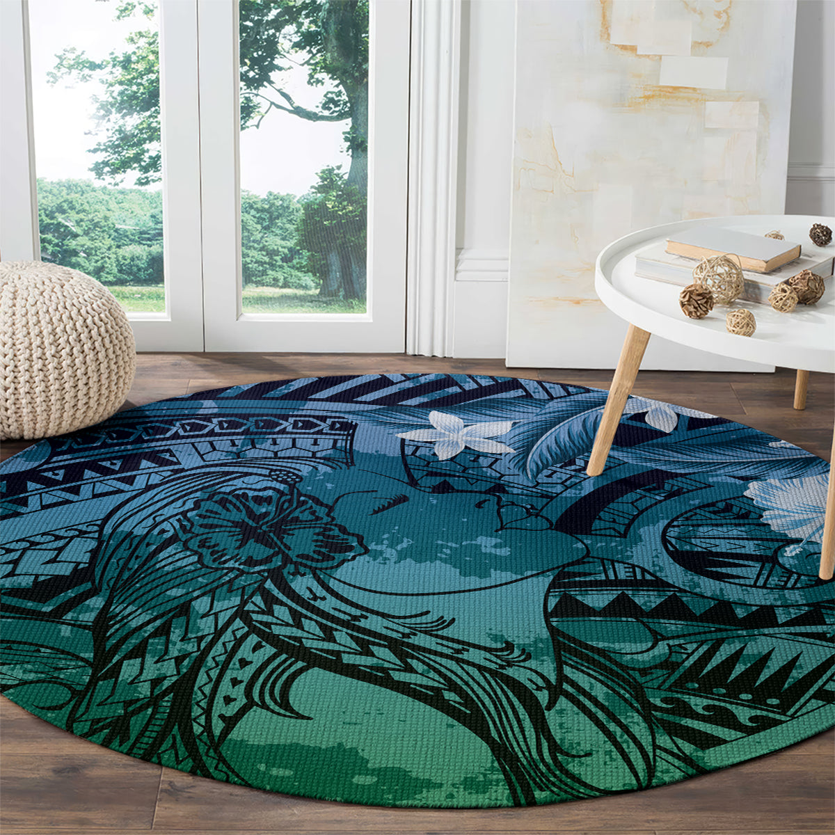 Pacific Beauty Girl Round Carpet Blue Polyneisan Tribal Vintage Motif LT9 - Polynesian Pride