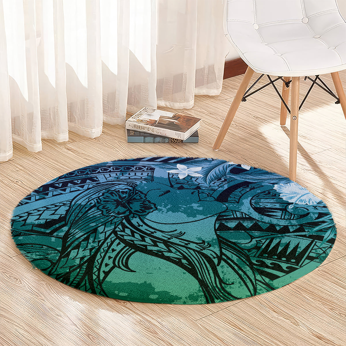 Pacific Beauty Girl Round Carpet Blue Polyneisan Tribal Vintage Motif LT9 - Polynesian Pride